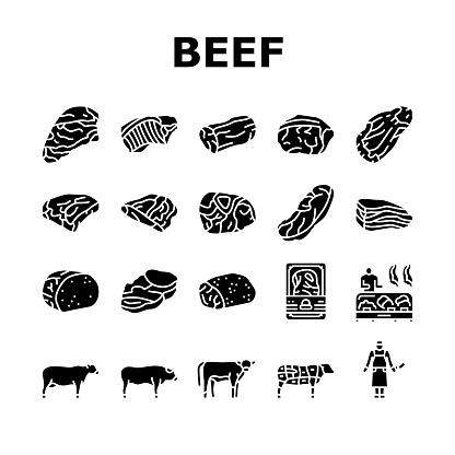 Beef Meat Nutrition Production Icons Set Vector. Shank And Steak, Chuck And Round, Bacon Ham Beef Meat In Package, Bbq Fried Grilled Food Cooked From Farm Animal Glyph Pictograms Black Illustrations