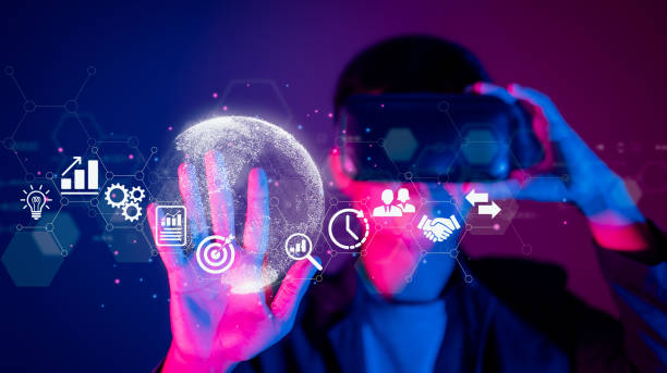A man use VR Virtual Reality. Business worldwide internet application technology, digital marketing, finance and banking, and big data on metaverse. stock photo