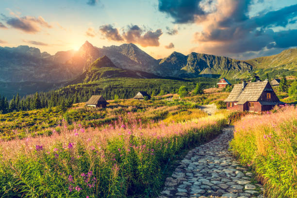 Tatra mountains with valley landscape in Poland stock photo