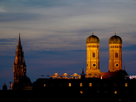 Panoramic view of the Munich skyline at sunset in Bavaria, Germany, central Europe