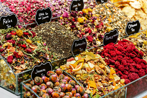Spices variety on outdoor Market in Jaffa, Israel.