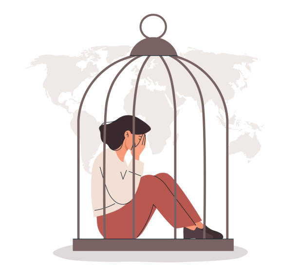 Trafficking in persons Trafficking in persons. Modern global problems and slavery. Kidnapping and crime, young girl crying in cage. Serious difficulties and problems. Dirty business. Cartoon flat vector illustration drawing of slaves working stock illustrations