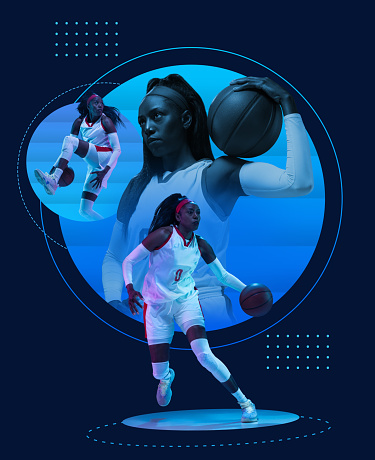 Poster with young african-american female basketball player posing with ball over blue background. Concept of healthy lifestyle, competition, achievements, goals, hobby and ad. Woman in sport.