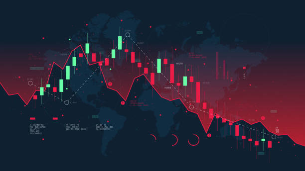 ilustrações de stock, clip art, desenhos animados e ícones de graph of financial market analytics on the background of the world map, the fall and the crisis of the global economy, report from business analysis, vector illustration - caindo