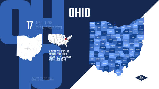 illustrazioni stock, clip art, cartoni animati e icone di tendenza di 17 dei 50 stati degli stati uniti, divisi in contee con soprannomi territoriali, mappa vettoriale dettagliata dell'ohio con nome e data ammessi all'unione, poster di viaggio e cartolina - county