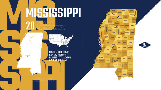 20 of 50 states of the United States, divided into counties with territory nicknames, Detailed vector Mississippi Map with name and date admitted to the Union, travel poster and postcard 20 of 50 states of the United States, divided into counties with territory nicknames, Detailed vector Mississippi Map with name and date admitted to the Union, travel poster and postcard major us cities stock illustrations