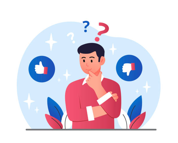 Man makes choice Man makes choice. Young guy evaluates product or service. Employee looking for ways to overcome mental impasse. Thoughtful person with problems at personal life. Cartoon flat vector illustration interview event clipart stock illustrations