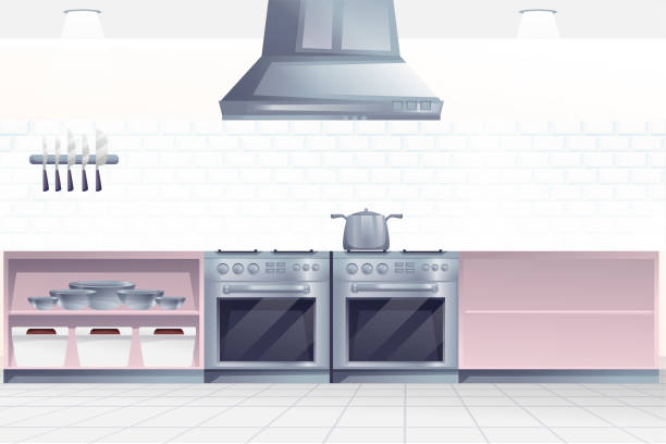 istock Restaurant kitchen interior design background. Professional place for cooking food with stove, oven, counters vector illustration. Horizontal panorama of culinary room 1396229798