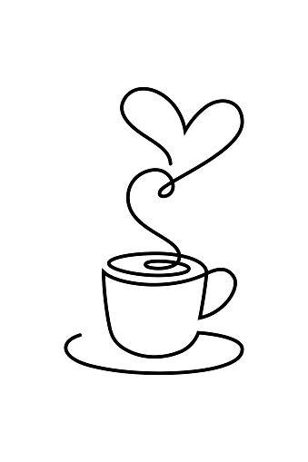 Hot coffee cup with heart shape aroma steam in continuous line art drawing style. Black linear design isolated on white background. Vector illustration
