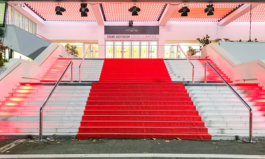 Cannes, France - November 4 2019: Red carpet on the steps at Palais Des Festivals.