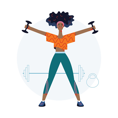 Woman athlete holding dumbbells vector illustration. Cartoon cute active girl training with weight equipment, strong person in sportswear doing sport exercises in health club or gym. Fitness concept