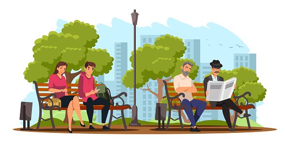 Urban scene from park with people sitting on benches vector illustration. Cartoon man reading newspaper, young businesswoman looking at wrist watch, student with mobile phone isolated on white