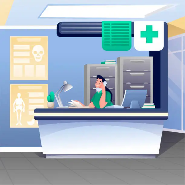 Vector illustration of Woman working at receptionist desk in hospital. Medical professional help institution vector illustration. Health care scene, modern interior design. Nurse talking on phone