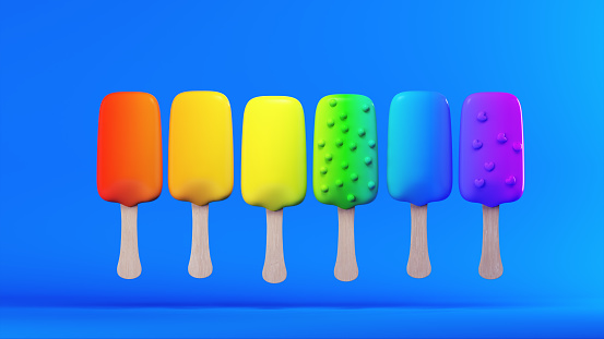Rainbow Fruit Popsicle Ice Lolly Cold Ice Cream Pride Summer Outdoor Food Blue Background 3d illustration render
