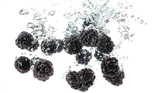 Close-up of blackberries in water against white background.