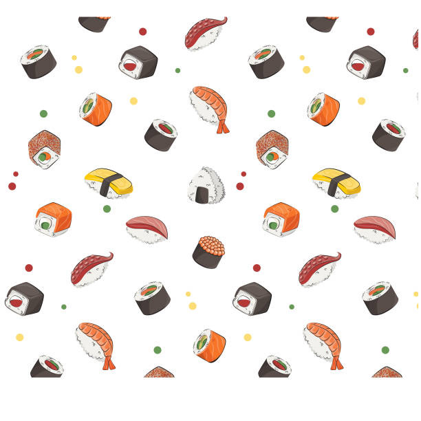 ilustraciones, imágenes clip art, dibujos animados e iconos de stock de cocina japonesa, comida. ilustración plana de patrón vectorial aislada sobre fondo blanco. rollos de sushi onigiri salsa de soja establecen un patrón perfecto. imagen de archivo. para menús y carteles de restaurantes. entrega - japanese cuisine soy sauce food bonito