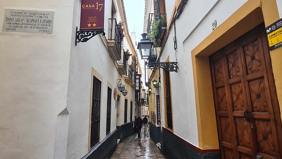 Seville, Spain – February 27, 2016: Calle de las Cruces in Santa Cruz Quartier.