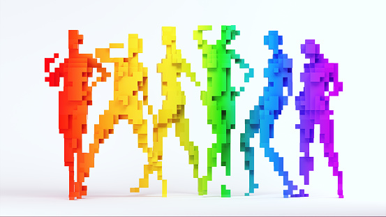 Cube Women Pose Rainbow Pride Equality lesbian Sex Gender LGB LGBTQ Strong Group Pixel Voxels Block with White Background 3d illustration render