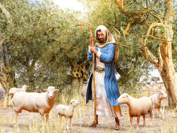 Pastor bíblico e seu rebanho de ovelhas em um olival Pastor bíblico e seu rebanho de ovelhas em um olival, renderização 3D. Fotos de estoque de pastor e ovelhas, fotos e imagens livres de direitos autorais