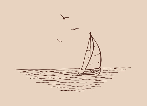 Seascape. Landscape, sea, sailboat, seagulls. Hand drawn illustration converted to vector.