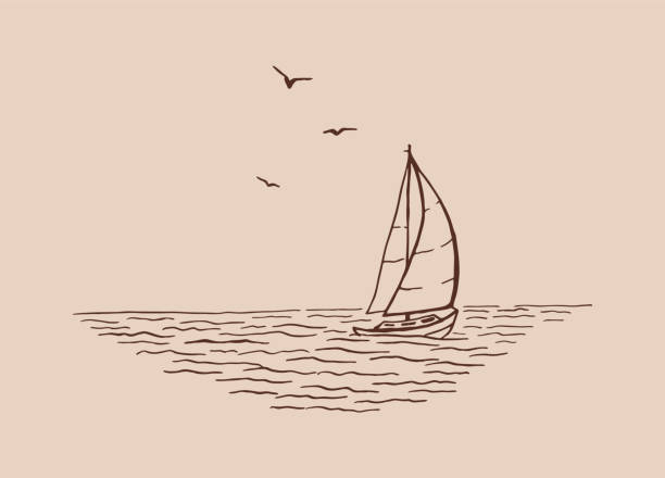 Seascape. Landscape, sea, sailboat, seagulls. Hand drawn illustration converted to vector. Seascape. Landscape, sea, sailboat, seagulls. Hand drawn illustration converted to vector. silicon valley stock illustrations