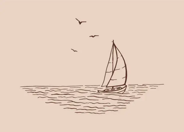 Vector illustration of Seascape. Landscape, sea, sailboat, seagulls. Hand drawn illustration converted to vector.