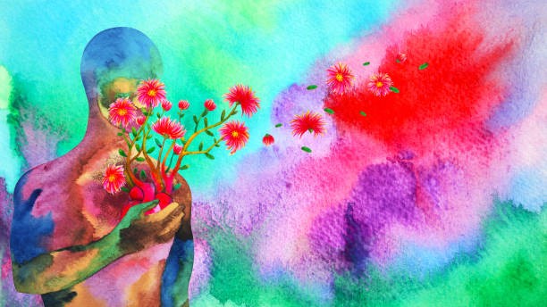ludzkie czerwone serce uzdrawiający przepływ kwiatów we wszechświecie miłość duchowy umysł zdrowie psychiczne moc abstrakcyjna dusza sztuka akwarela malarstwo ilustracja rysunek - free your mind obrazy stock illustrations