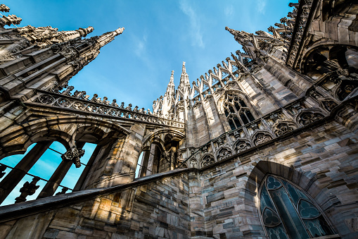 Milan, Italy - 18th of November, 2021. Low Angle View Of Window, Walls And Towers Of Beautiful Duomo.