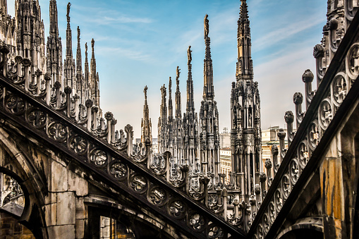 Milan, Italy - 18th of November, 2021. Towers With Statues Of Beautiful Duomo