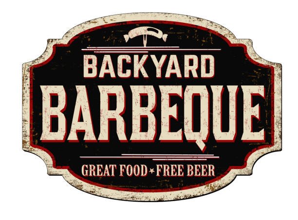 backyard barbeque vintage rusty metal sign - backyard stock illustrations