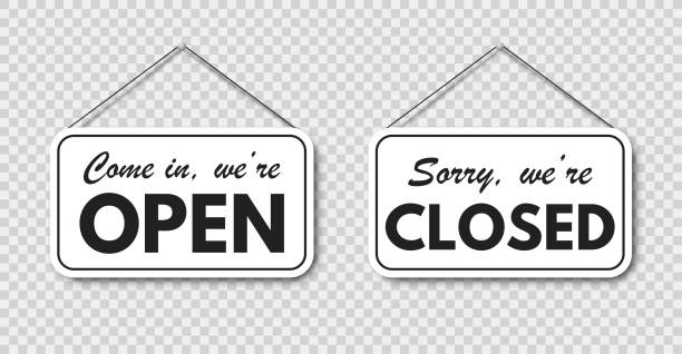 中に入って、私たちは開いていて申し訳ありませんが、透明な背景にロープと影が付いた看板を吊り下げて閉じています。ベクターeps 10 - closed sign点のイラスト素材／クリップアート素材／マンガ素材／アイコン素材