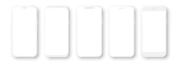 真っ白な画面でリアルな白いモックアップスマホセット。3d携帯電話モデル。ベクターイラストレーション - スマホ点のイラスト素材／クリップアート素材／マンガ素材／アイコン素材