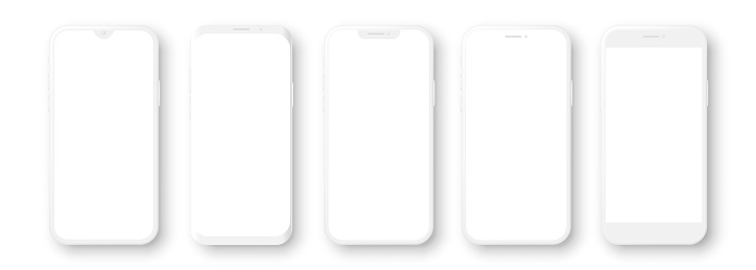 Realistic white mockup smartphone set with blank screen. 3d mobile phone models. Vector illustration