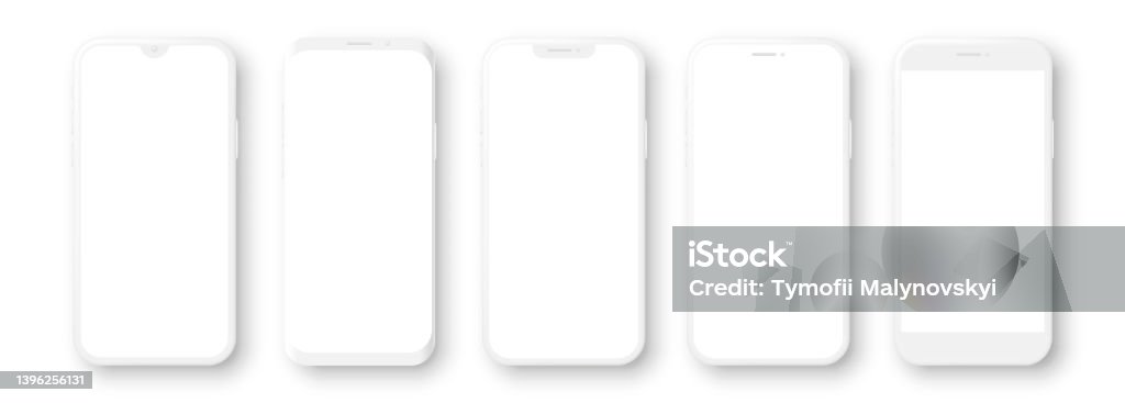 Realistic white mockup smartphone set with blank screen. 3d mobile phone models. Vector illustration White Color stock vector