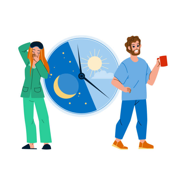 Circadian Rhythm Of Young Man And Woman Vector Circadian Rhythm Of Young Man And Woman Vector. Sleepy Girl Yawning And Guy Drinking Coffee, Day And Night People Activity And Circadian Rhythm. Characters Flat Cartoon Illustration day drinking stock illustrations
