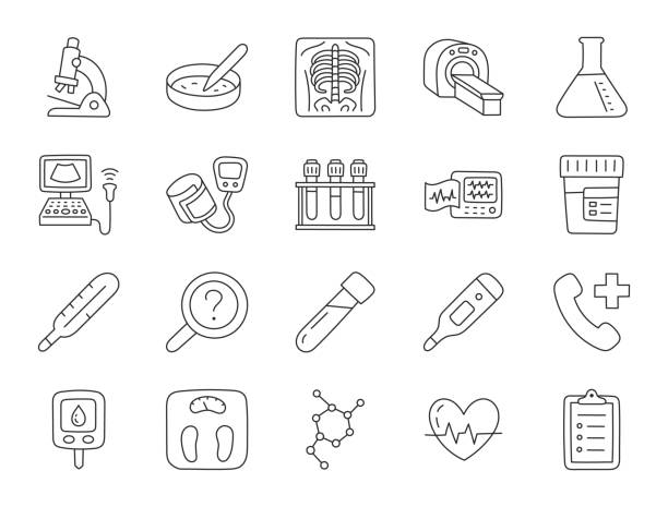 ilustrações de stock, clip art, desenhos animados e ícones de medical checkup doodle illustration including icons - xray, ultrasound, glucometer, checklist, blood test, petri dish, thermometer. thin line art about health diagnostic equipment. editable stroke. - microscope symbol computer icon laboratory