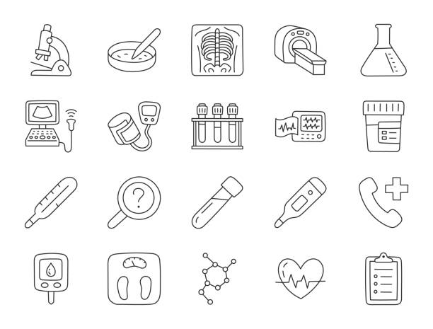 Medical checkup doodle illustration including icons - xray, ultrasound, glucometer, checklist, blood test, petri dish, thermometer. Thin line art about health diagnostic equipment. Editable Stroke. Medical checkup doodle illustration including icons - xray, ultrasound, glucometer, checklist, blood test, petri dish, thermometer. Thin line art about health diagnostic equipment. Editable Stroke. laboratory drawings stock illustrations