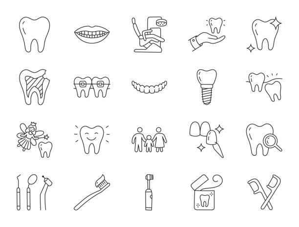 ilustraciones, imágenes clip art, dibujos animados e iconos de stock de ilustración de garabatos de clínicas dentales que incluyen iconos: muela del juicio, carilla, blanqueamiento dental, aparatos ortopédicos, implante, cepillo de dientes eléctrico, caries, hilo dental, boca. arte de línea delgada sobre estomatología. t - dental drill