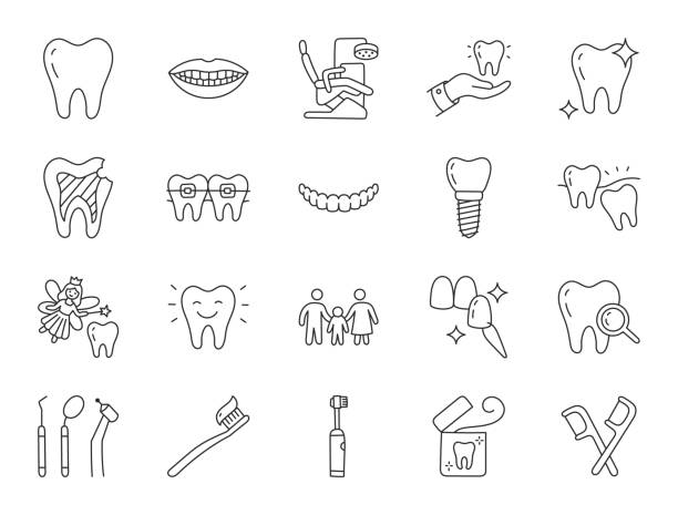 ilustracja doodle kliniki dentystycznej zawierająca ikony - ząb mądrości, licówka, wybielanie zębów, aparat ortodontyczny, implant, elektryczna szczoteczka do zębów, próchnica, nić dentystyczna, usta. cienka linia sztuki o stomatologii. edytowal - dental drill obrazy stock illustrations