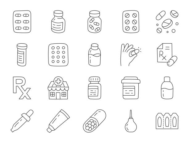 stockillustraties, clipart, cartoons en iconen met pharmacy doodle illustration including icons - pills bottle, pipette, capsules, tablets blister, vitamin, cough syrup, contraceptives and supplements. thin line art about drug store. editable stroke - zalf tekening