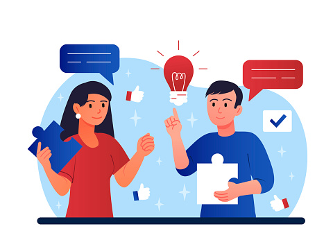 Work team concept. Man and girl with puzzles in their hands, characters solve puzzle. Colleagues and partners discussing project, brainstorming. Idea and insight. Cartoon flat vector illustration