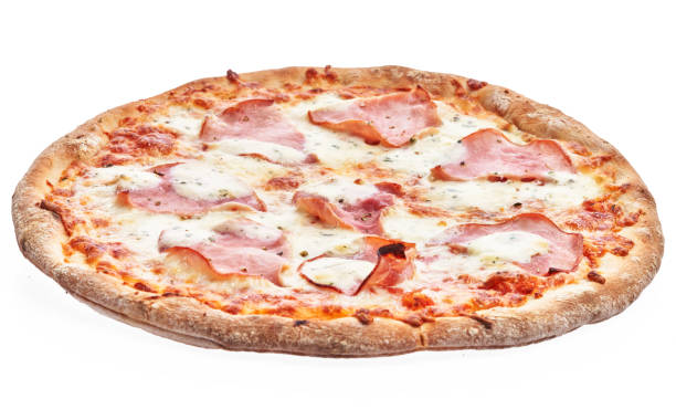 istock Single italian prosciutto pizza over white isolated background 1396264453
