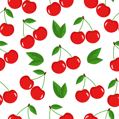 Seamless pattern with cherries and leaves on a white background.Can be used for wallpaper, pattern fills, web page background, surface textures