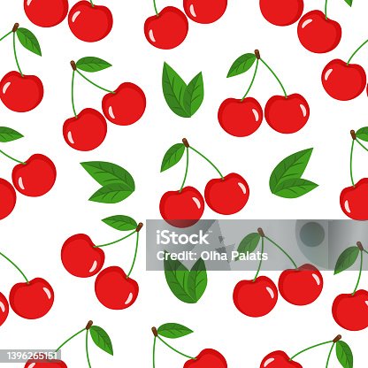 istock Seamless pattern with cherries and leaves on a white background.Can be used for wallpaper, pattern fills, web page background, surface textures 1396265151