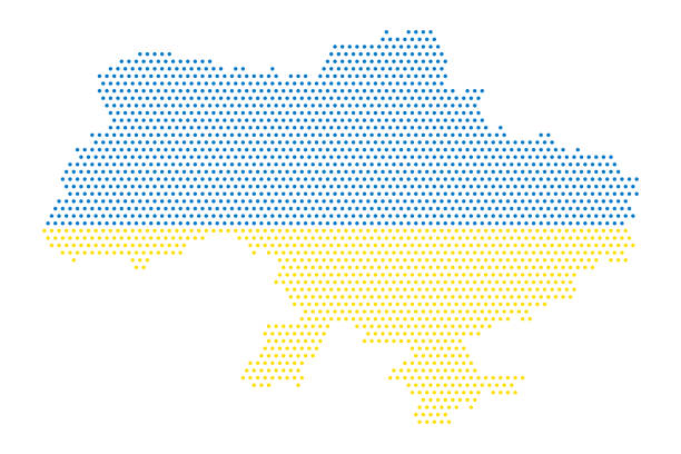 ilustraciones, imágenes clip art, dibujos animados e iconos de stock de mapa punteado de ucrania con el color de la bandera ucraniana. mapas de píxeles de ucrania. ilustración vectorial - country geographic area