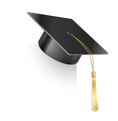 Vector realistic mortar board hat with golden tassel. Graduation cap. University graduation black hat. Academic education symbol, high University bachelor headware.