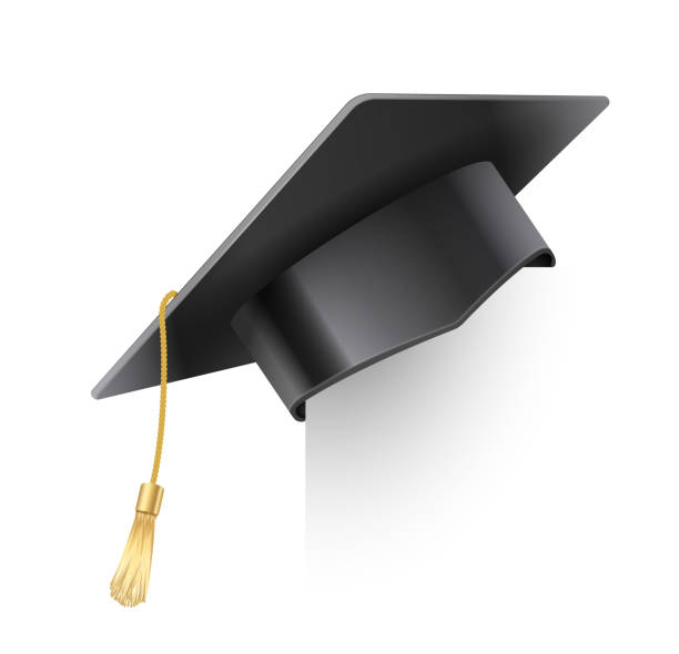 金色のタッセルとベクトルリアルなモルタルボードの帽子。目盛りキャップ。大学卒業式黒帽子。学術教育のシンボル、高等大学の学士号ヘッドウェア - headware点のイラスト素材／クリップアート素材／マンガ素材／アイコン素材
