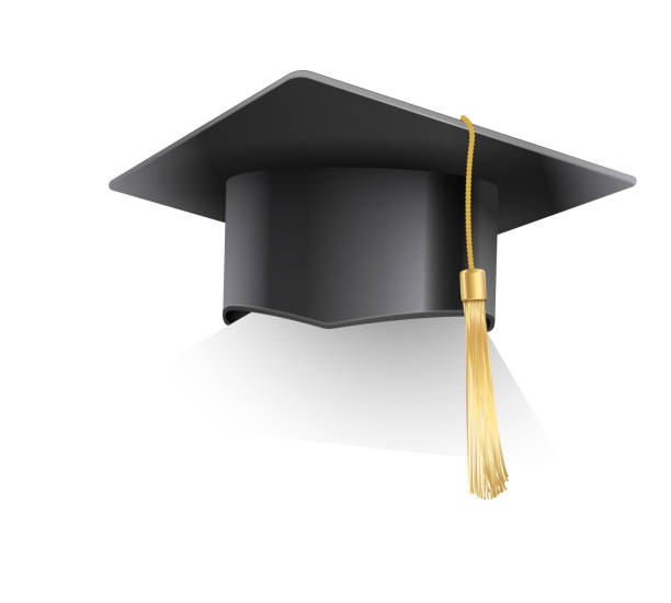 istock Vector realistic mortar board hat with golden tassel. Graduation cap. University graduation black hat. Academic education symbol, high University bachelor headware 1396265376