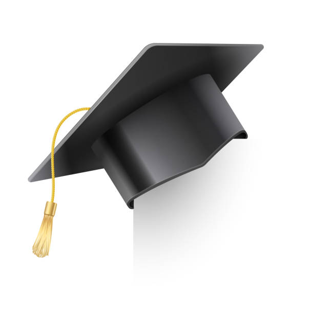 金色のタッセルとベクトルリアルなモルタルボードの帽子。目盛りキャップ。大学卒業式黒帽子。学術教育のシンボル、高等大学の学士号ヘッドウェア - headware点のイラスト素材／クリップアート素材／マンガ素材／アイコン素材