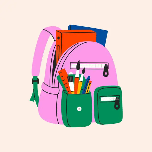 Vector illustration of Backpack full stationery and study supplies. Colorful schoolbag with textbooks, rulers